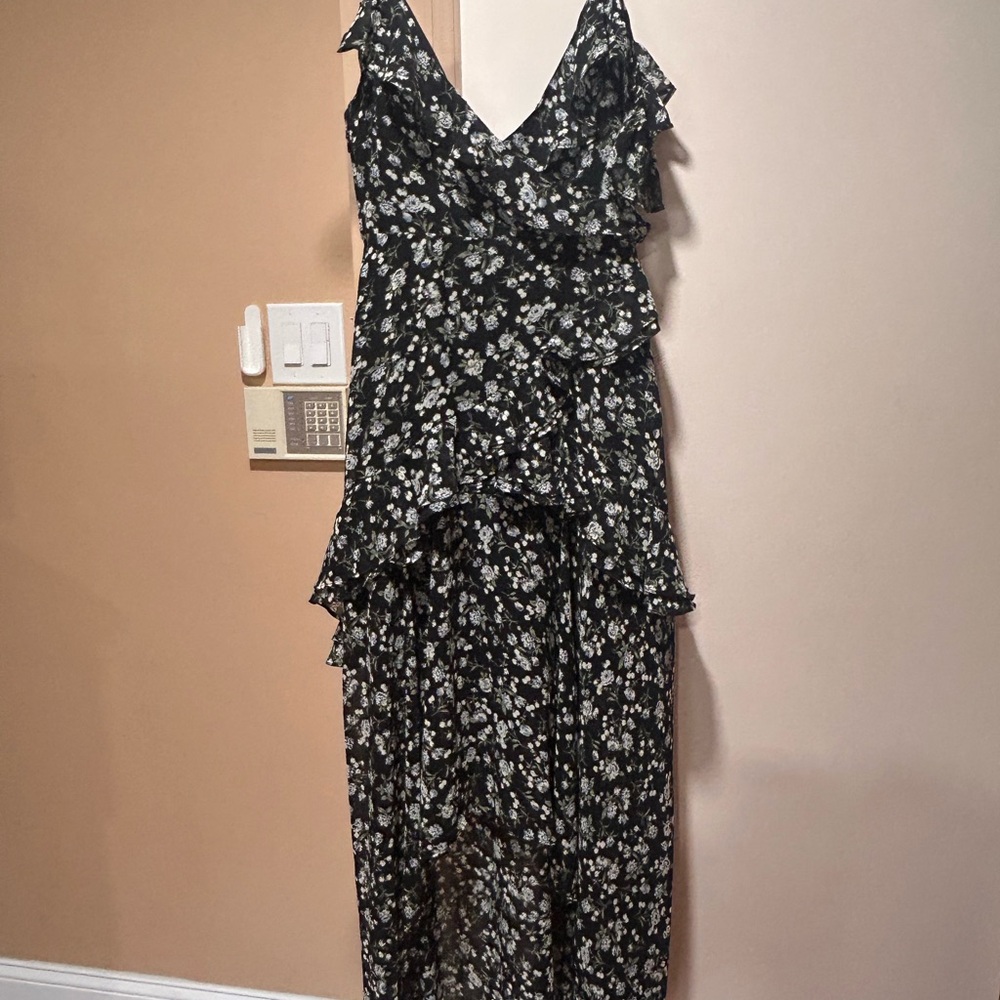 Floral Black Ruffle High Low Dress